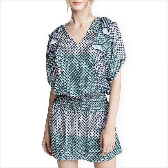 Parker Dress Luisa Cese Geo Geometric Print Smocked Waist Blouson Draped NWT M - Picture 1 of 7